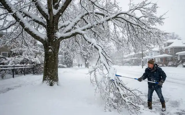 Homeowner clearing a snow-loaded branch under a large tree