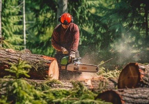 A tree cutter cutting down a diseased tree in a tree clearing project in Grand Island NY