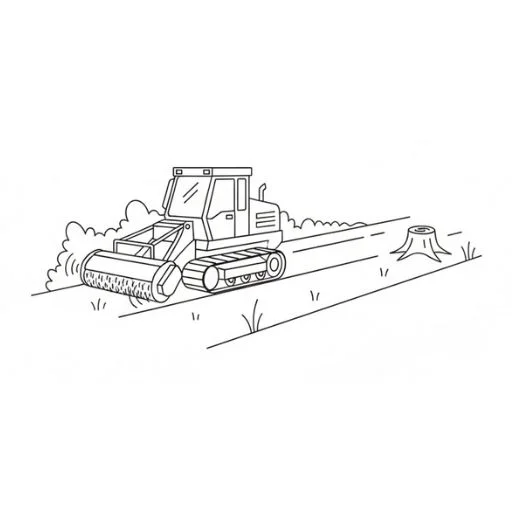 Black line illustration of a forestry mulching machine leveling brush and soil.