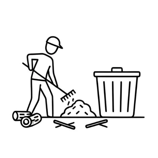 Black line illustration of a worker cleaning up debris after land clearing.