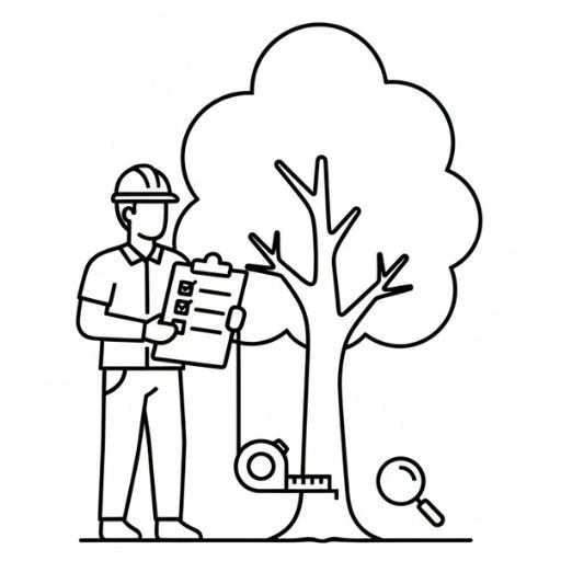 Black line illustration of an arborist inspecting a tree with a checklist.