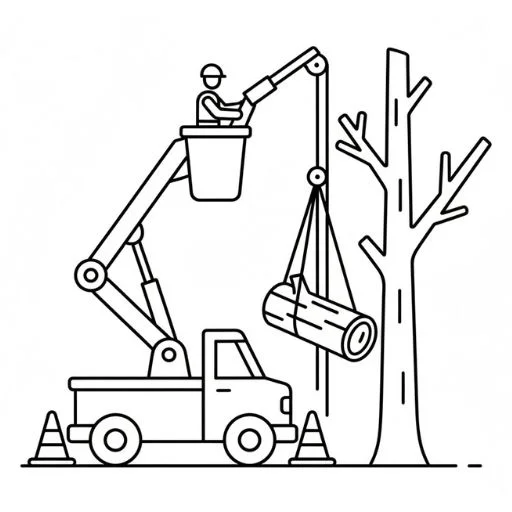 Black line illustration of safe tree removal using a bucket truck and rigging.