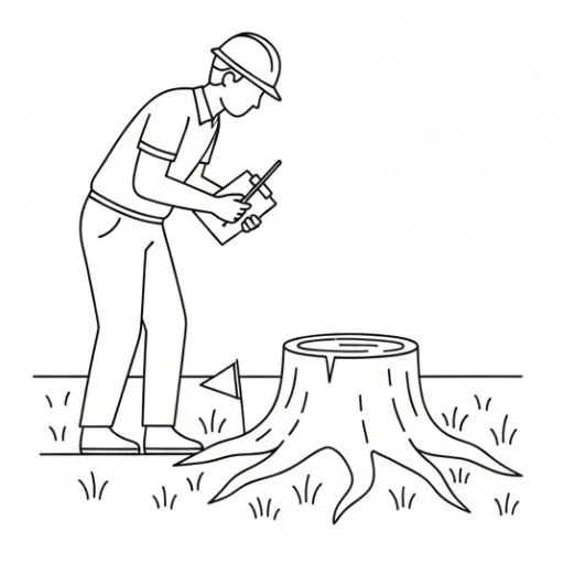 Technician assessing a tree stump and roots before stump grinding.