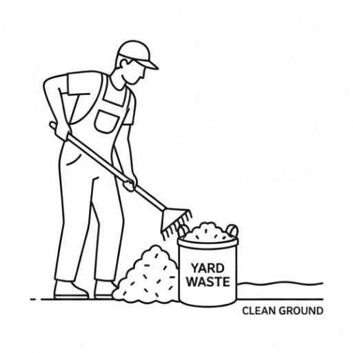 Cleanup after stump grinding with wood chips gathered neatly.