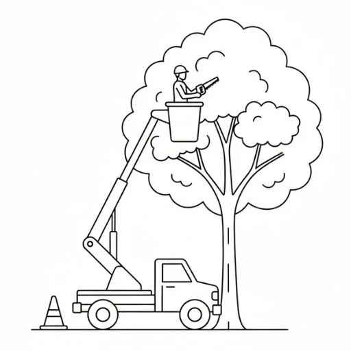 Black line illustration of professional tree care using a bucket truck.