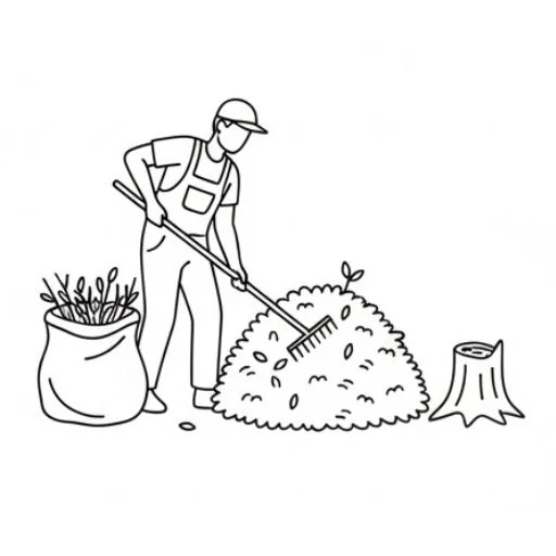 Black line illustration of site cleanup after tree trimming.